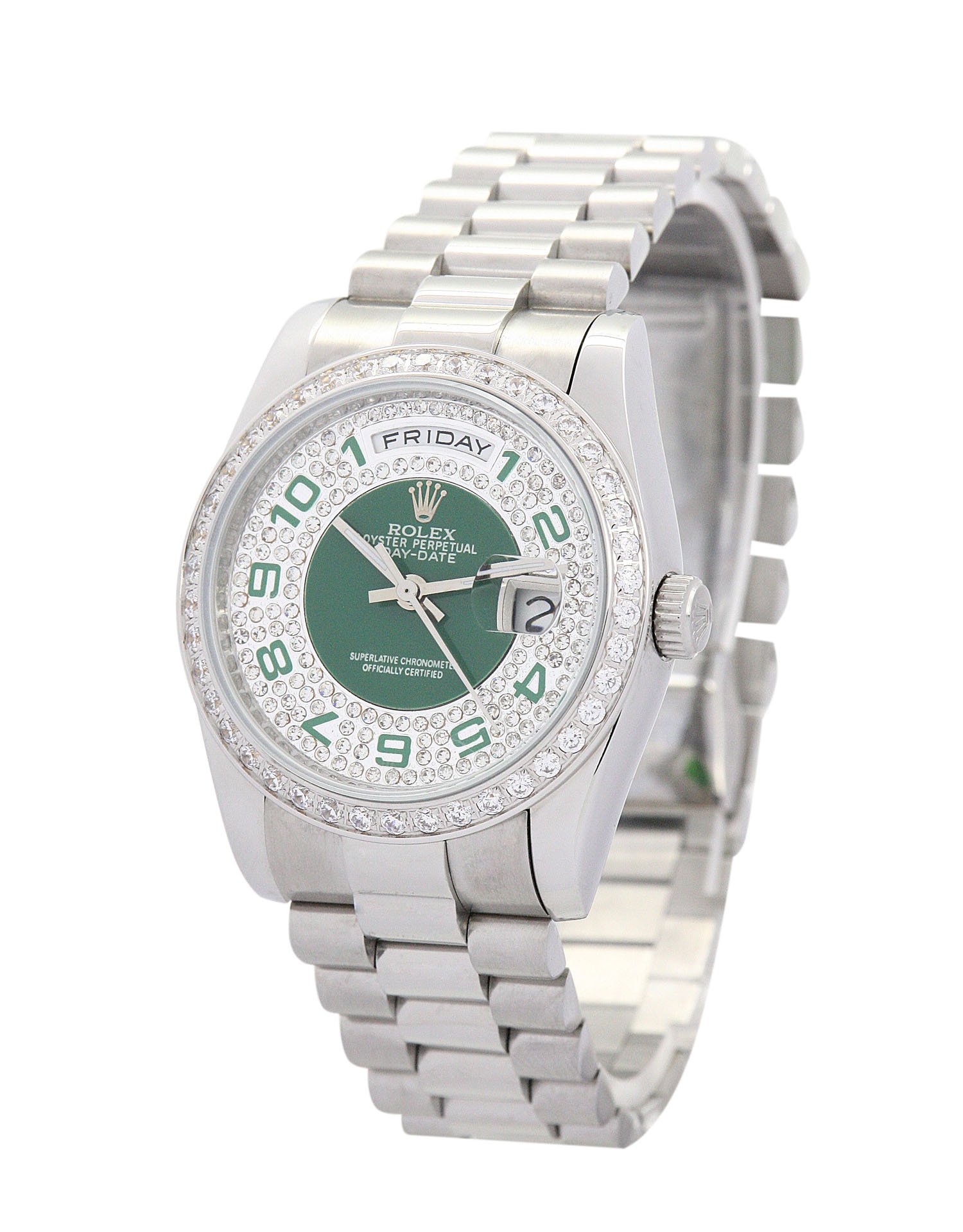 Rolex DayDate Fashion Mechanical Automatic Green and Silver Dial Steel With Diamonds Women Wristwatch 118346