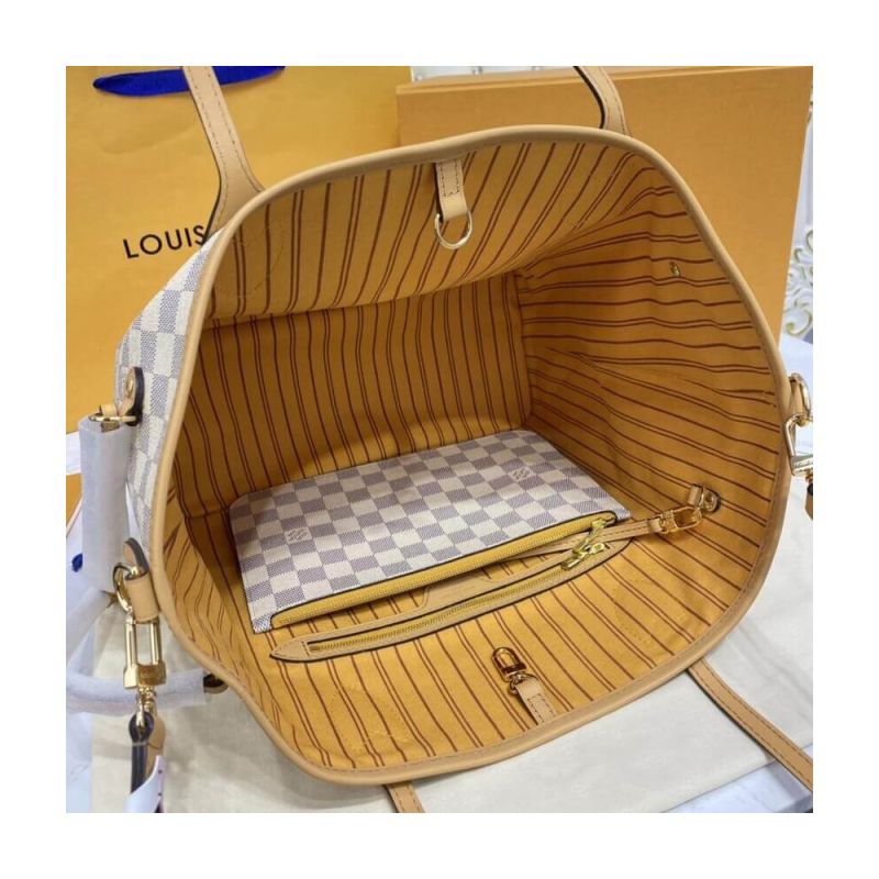Louis Vuitton Damier Azur Neverfull MM Beige Canvas With Braided Strap Women Tote Handbag N50047