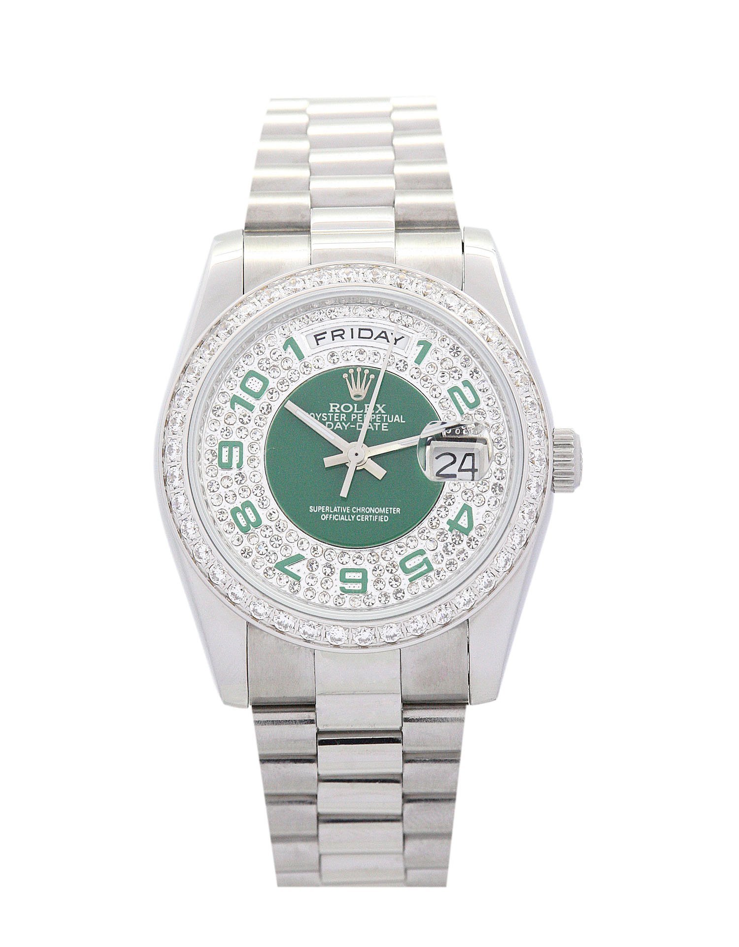 Rolex DayDate Fashion Mechanical Automatic Green and Silver Dial Steel With Diamonds Women Wristwatch 118346