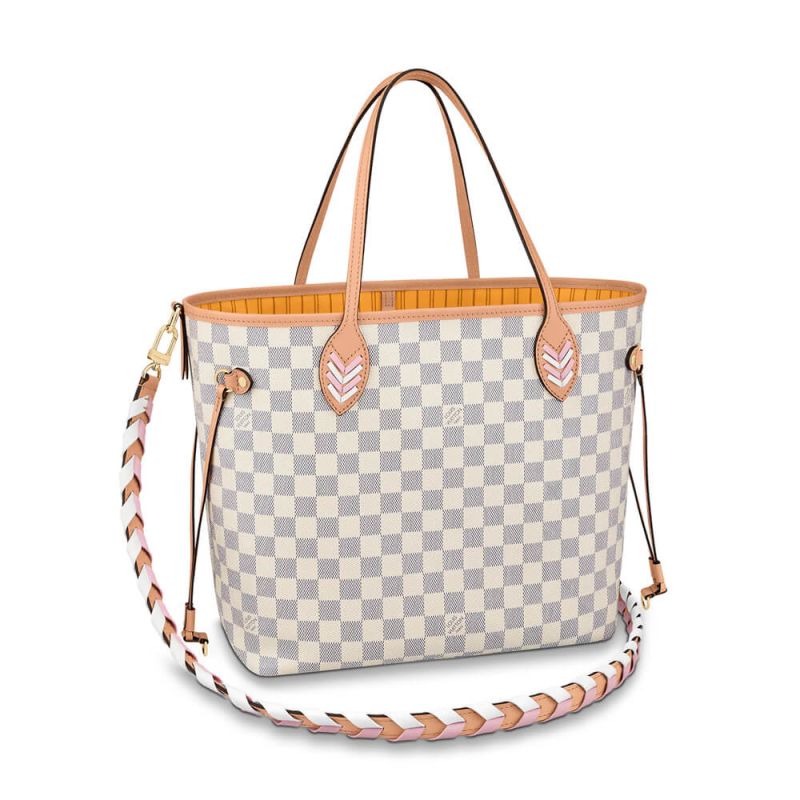Louis Vuitton Damier Azur Neverfull MM Beige Canvas With Braided Strap Women Tote Handbag N50047