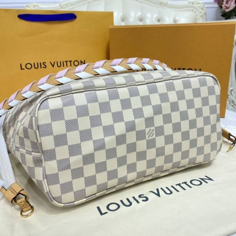 Louis Vuitton Damier Azur Neverfull MM Beige Canvas With Braided Strap Women Tote Handbag N50047