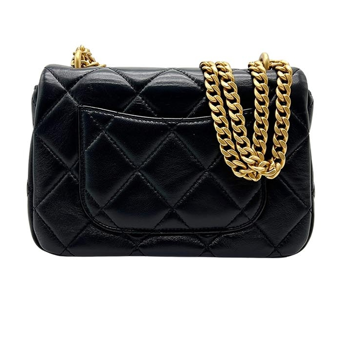 Chanel 经典迷你黑色小羊皮珐琅徽标女士翻盖单肩包 AS3113