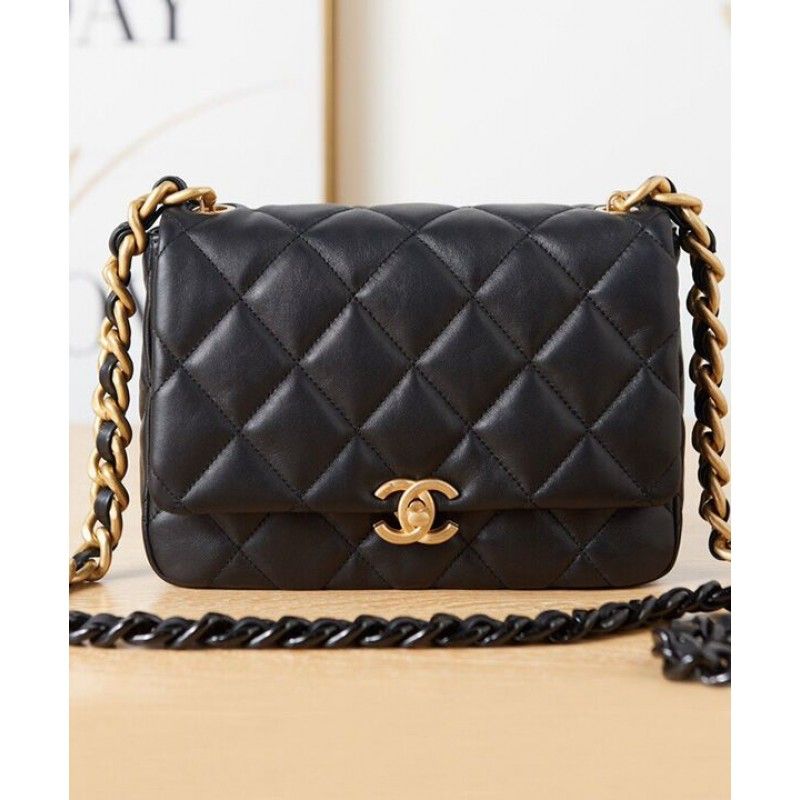 Chanel Classic Small Black Lambskin Women Flap Shoulder Bag AS3206
