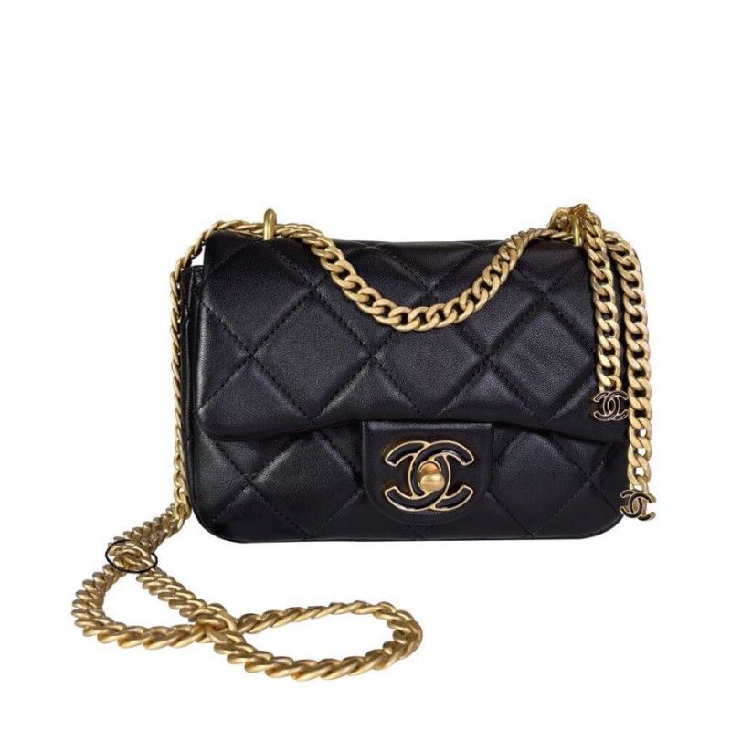 Chanel Classic Mini Black Lambskin Enamel Logo Women Flap Shoulder Bag AS3113