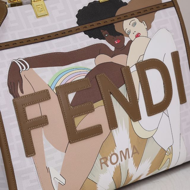 حقيبة يد فندي صن شاين متوسطة الحجم مصنوعة من القماش باللون الأبيض FF للنساء 8bh386