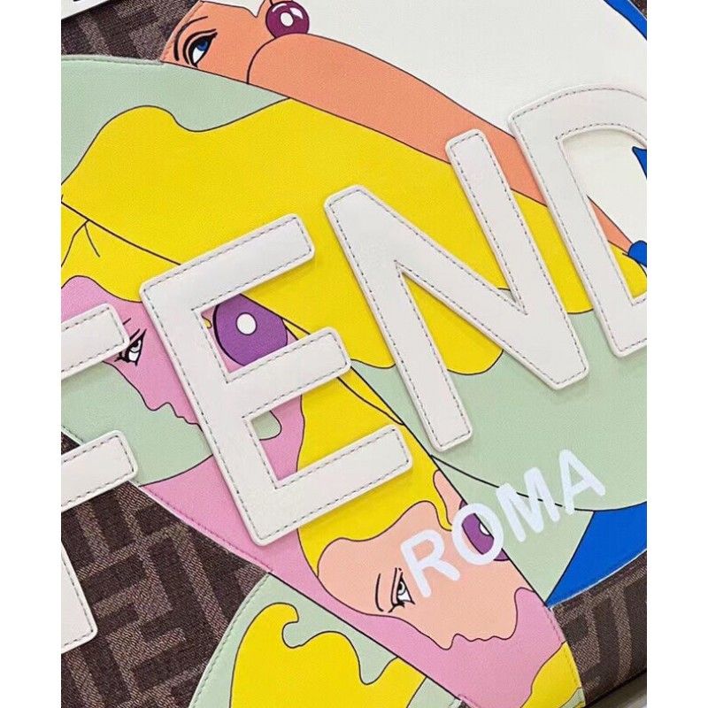 Fendi Sunshine Medium Dark Coffee FF Fabric Women Shopper Tote Handbag 8bh386