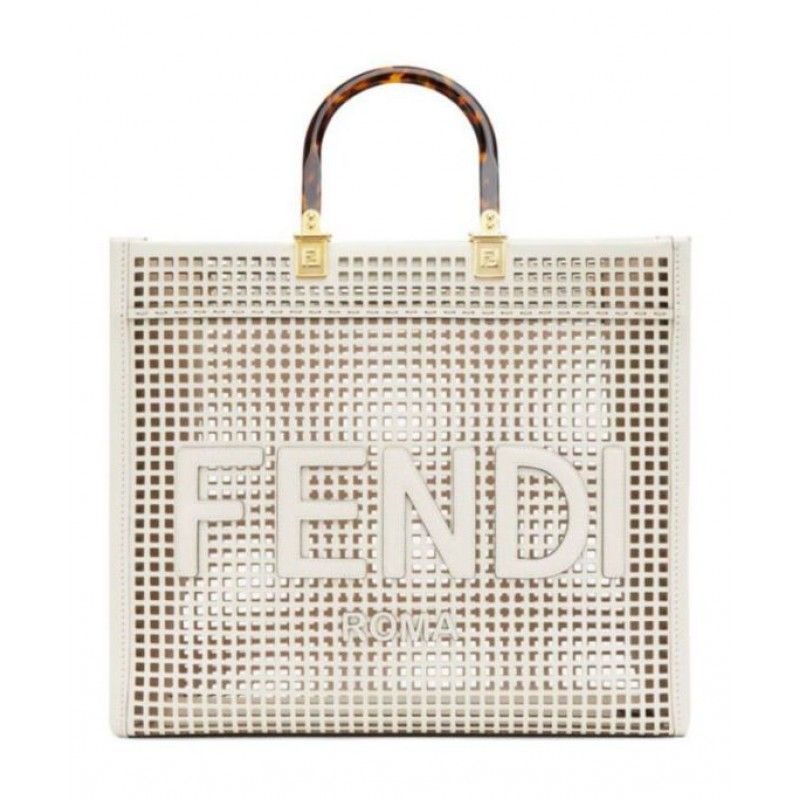 Fendi Sunshine Medium Openwork Cream Cowhide Women Tote Handbag 8bh386