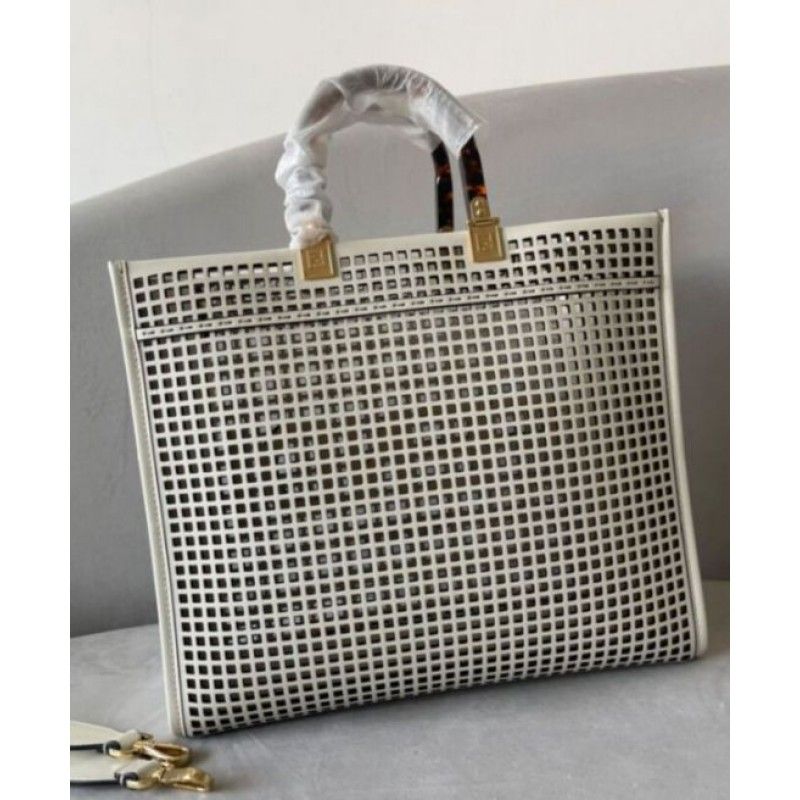Fendi Sunshine Medium Openwork Cream Cowhide Women Tote Handbag 8bh386