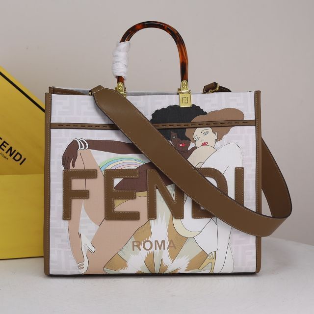 Fendi Sunshine Medium White FF Fabric Women Tote Handbag 8bh386