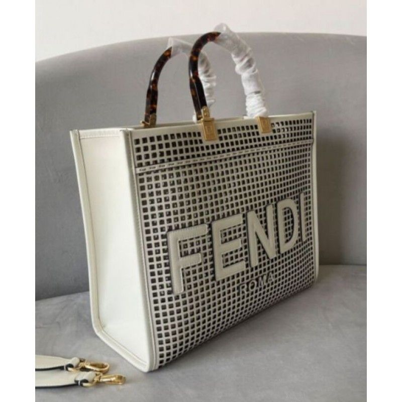 Fendi Sunshine Medium Openwork Cream Cowhide Women Tote Handbag 8bh386