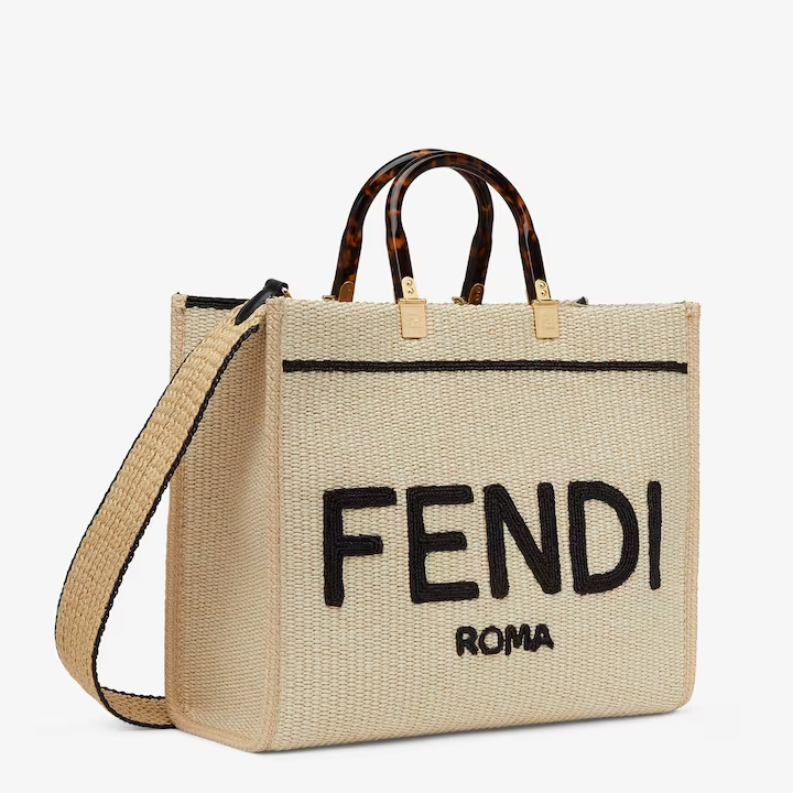 Fendi Sunshine Bolsa feminina de palha tecida com damasco médio 8bh386