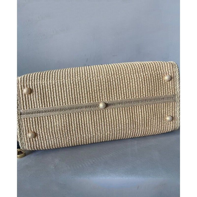 Fendi Sunshine Bolsa feminina de palha tecida com damasco médio 8bh386