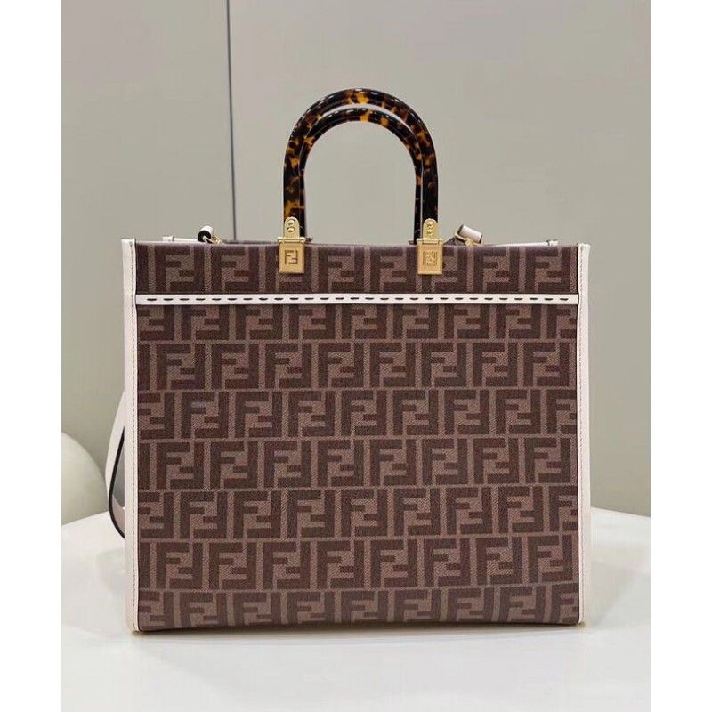 Fendi Sunshine Medium Dark Coffee FF Fabric Women Shopper Tote Handbag 8bh386