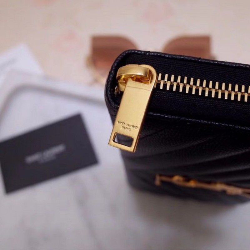 Yves Saint Laurent Envelope Classic Monogram Zip Around Black Calfskin Women Flap Wallet