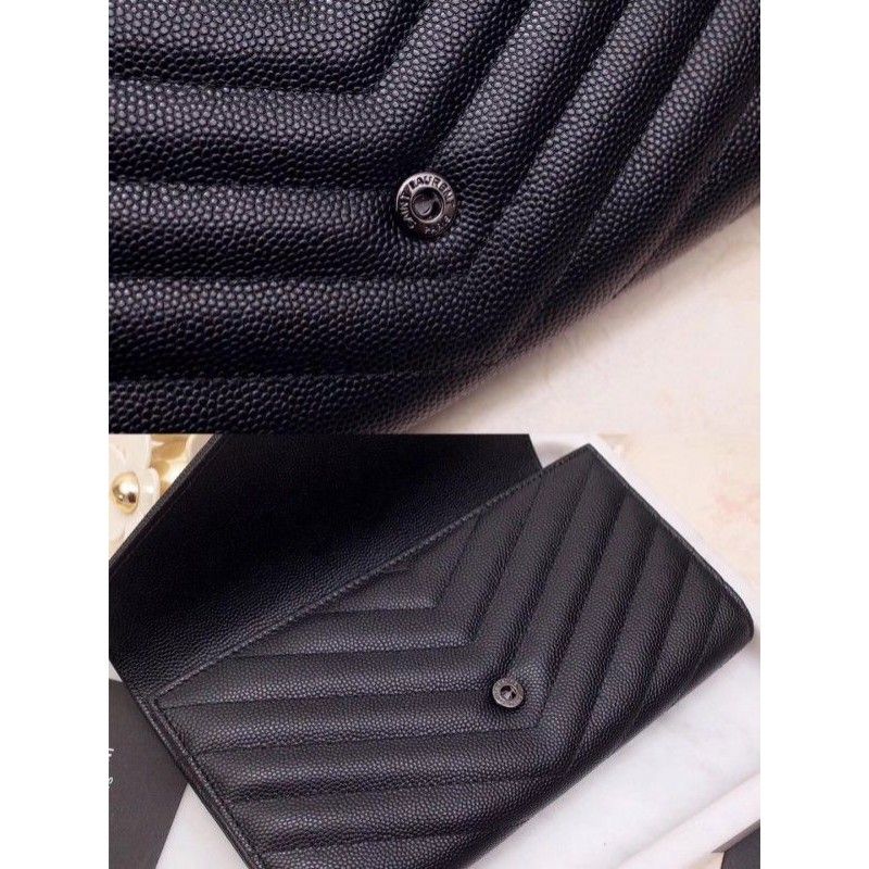 Yves Saint Laurent Envelope Large Monogram Black Calfskin Black Logo Women Flap Wallet