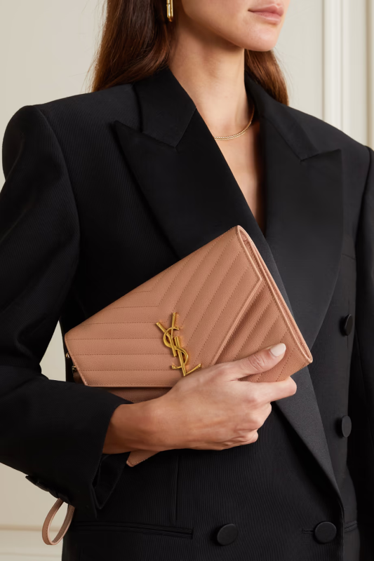 Yves Saint Laurent Envelope Hot Monogram Quilted Grain Peach Calfskin Women Flap Clutch