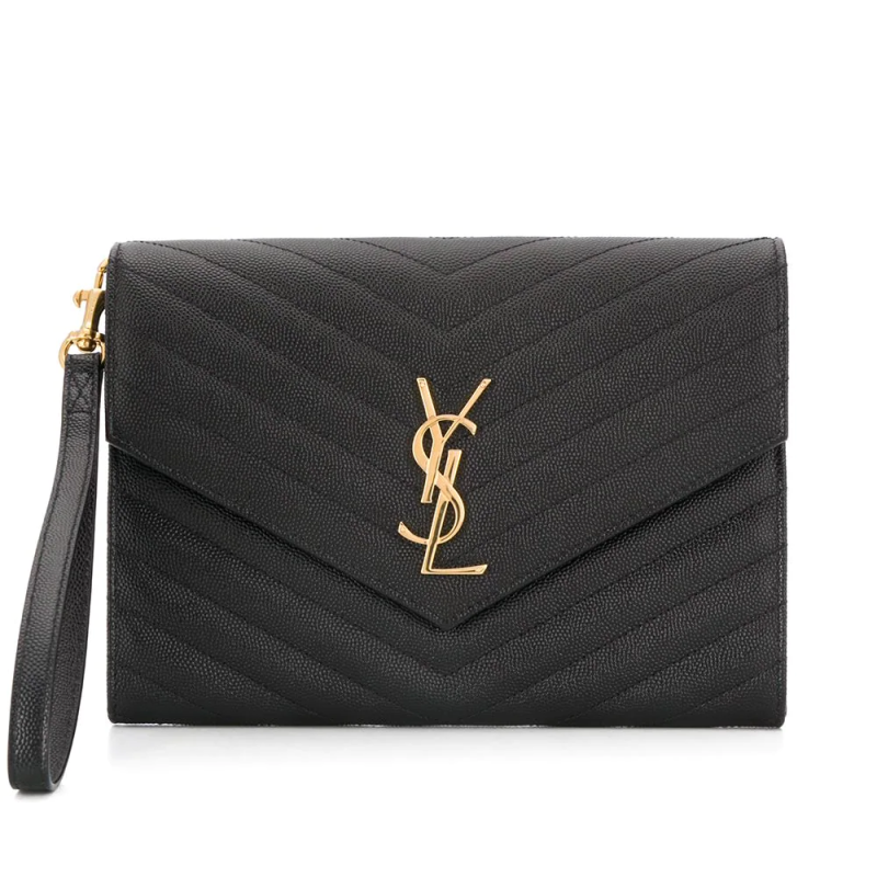Yves Yves Saint Laurent Envelope Hot Monogram Quilted Grain Black Calfskin Women Flap Clutch