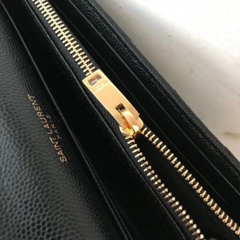 Yves Saint Laurent Envelope Large Monogram Black Calfskin Gold Logo Women Flap Wallet
