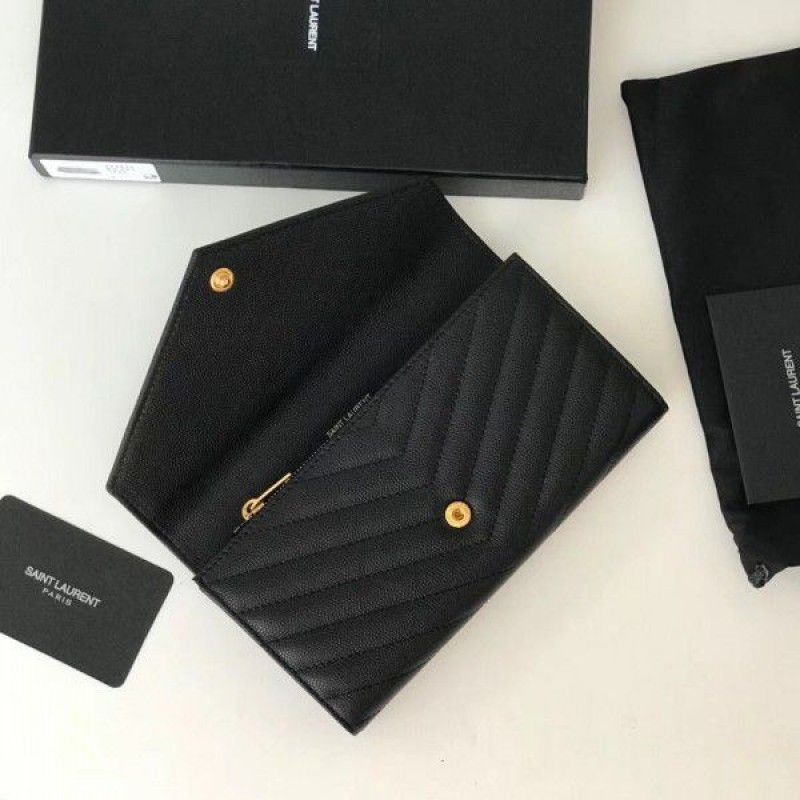 Yves Saint Laurent Envelope Large Monogram Black Calfskin Gold Logo Women Flap Wallet