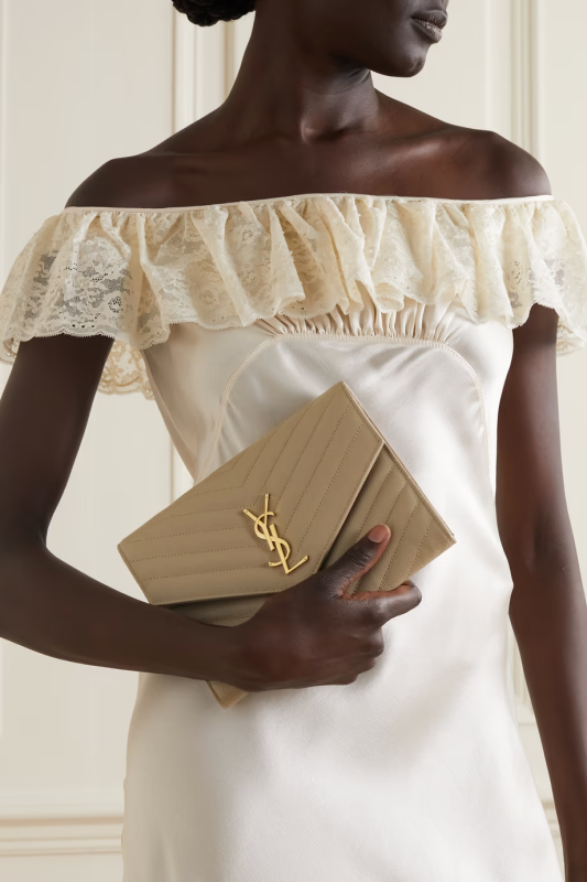 Yves Saint Laurent Envelope Hot Monogram Quilted Grain Dark Beige Calfskin Women Flap Clutch 651030BOW91