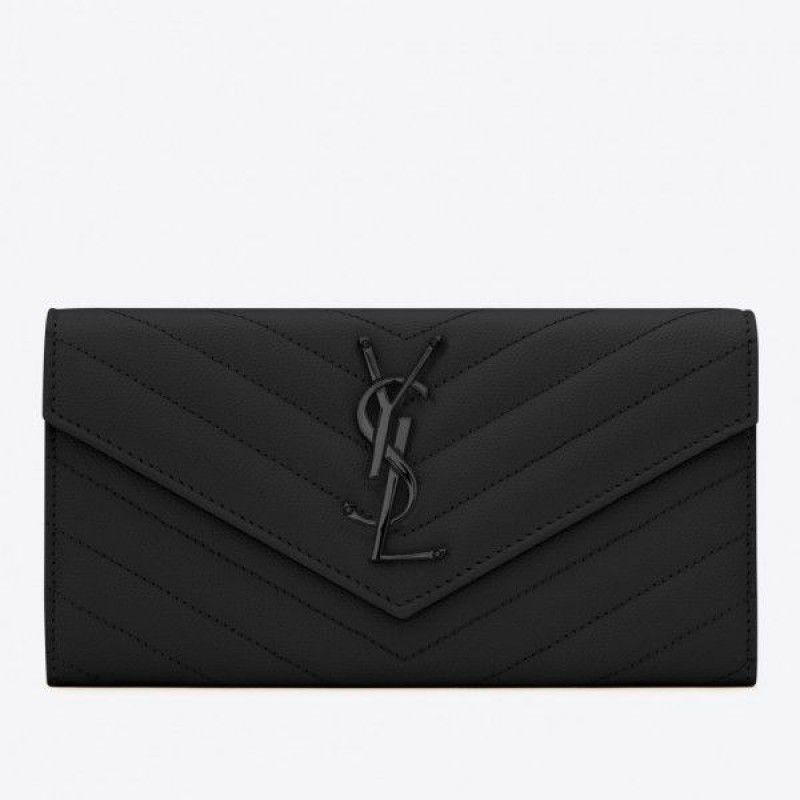Yves Saint Laurent Envelope Large Monogram Black Calfskin Black Logo Women Flap Wallet