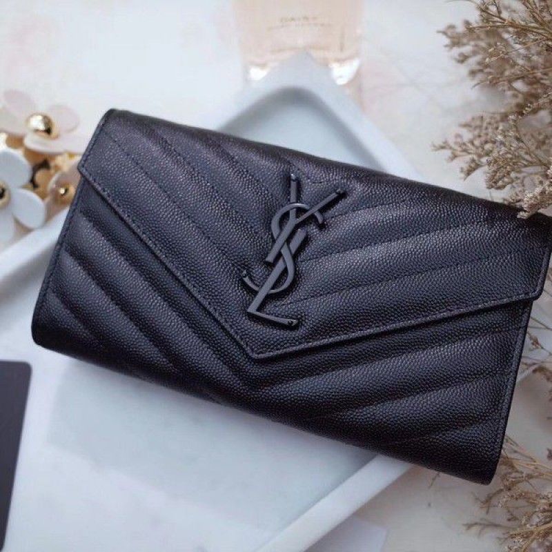 Yves Saint Laurent Envelope Large Monogram Black Calfskin Black Logo Women Flap Wallet