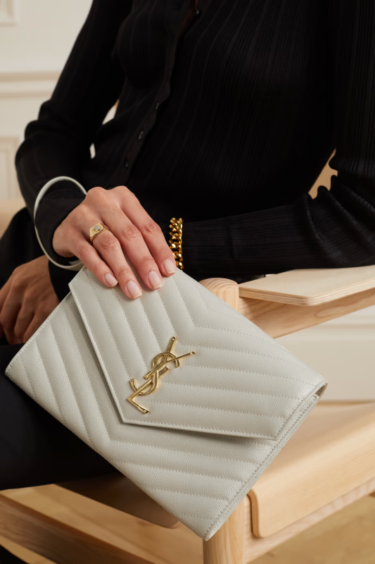 Yves Saint Laurent Envelope Hot Monogram Quilted Grain White Calfskin Women Flap Clutch