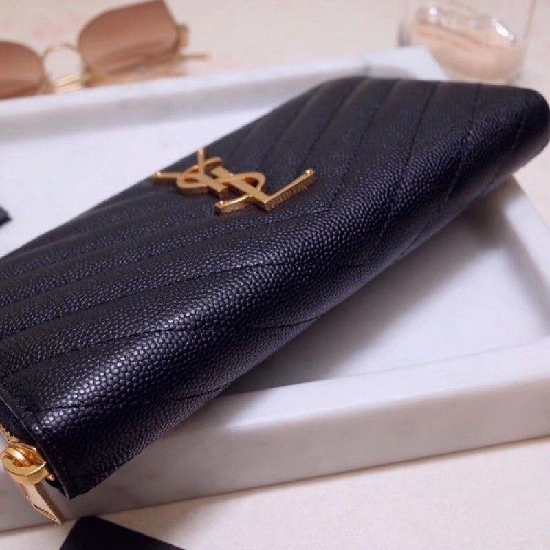Yves Saint Laurent Envelope Classic Monogram Zip Around Black Calfskin Women Flap Wallet