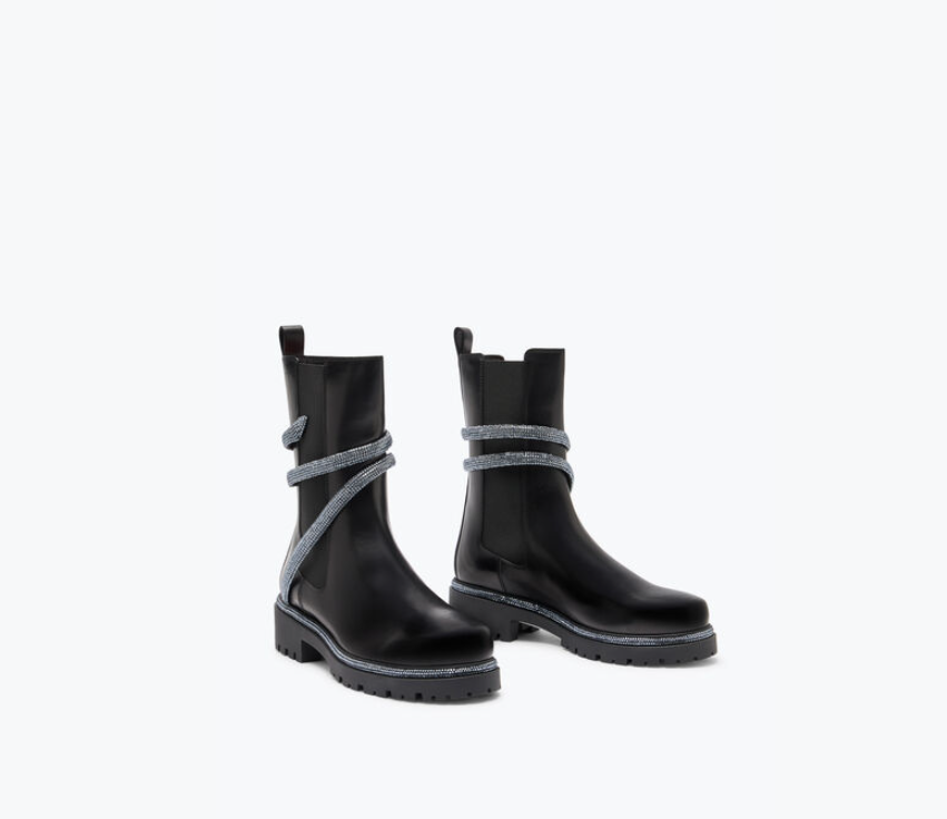 Rene Caovilla Cleo Rhinestones Black Leather Biker Boots C11059-025-0001Y027