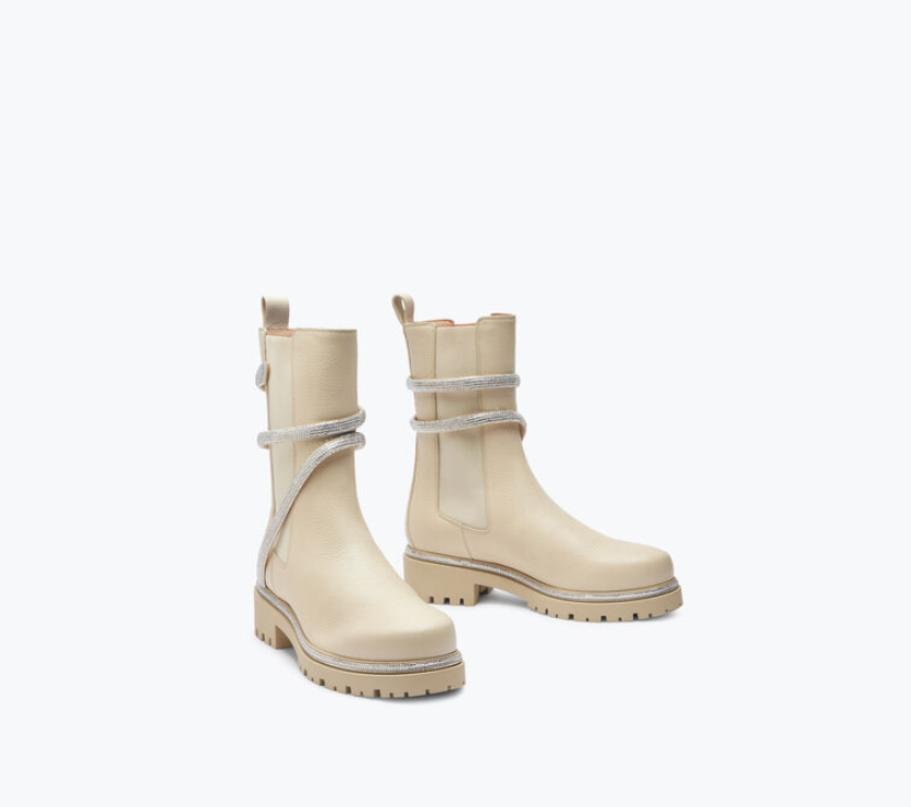 Rene Caovilla Cleo Rhinestones White Leather Booties C11059-025-0001X366