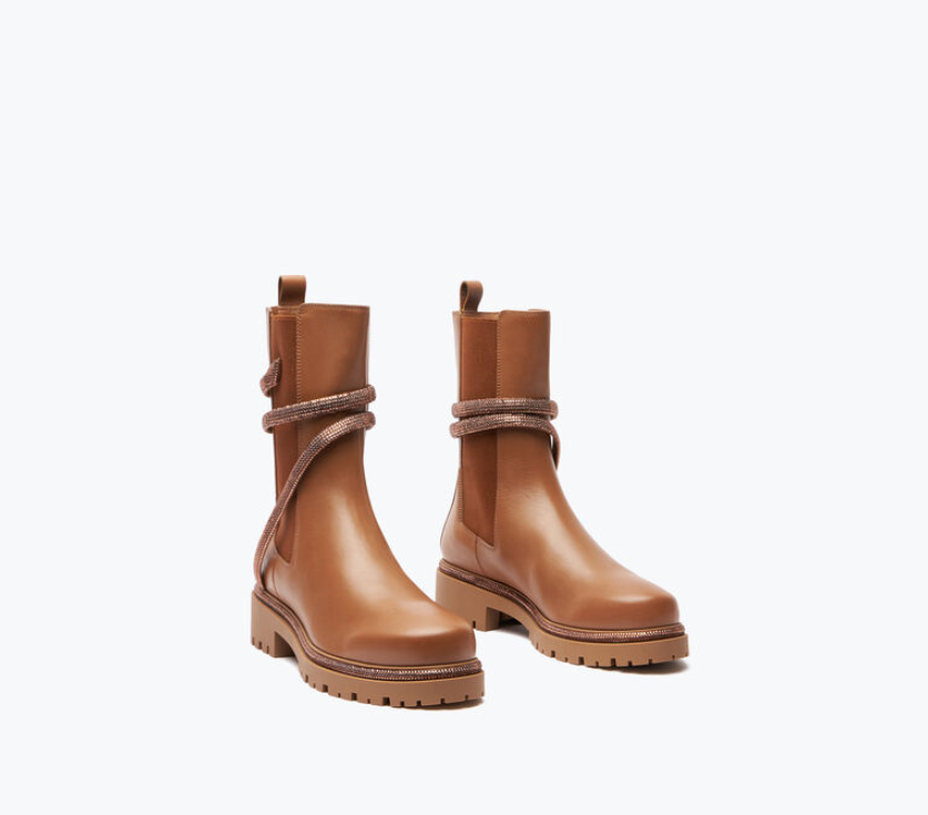 Rene Caovilla Cleo Rhinestones Tan Leather Booties C11059-025-0001Y022