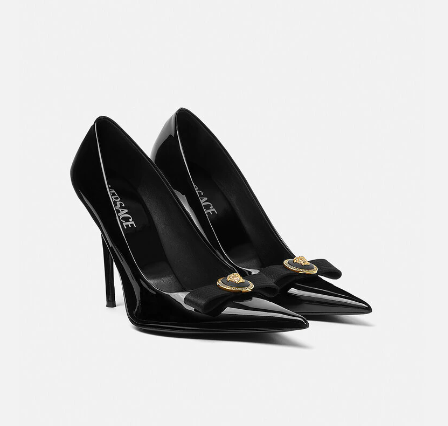 Versace Gianni Ribbon Classic 120 Mm Black Bullhide Leather Pointed Toe Pump Heels 1012494-1A08983_1B00V