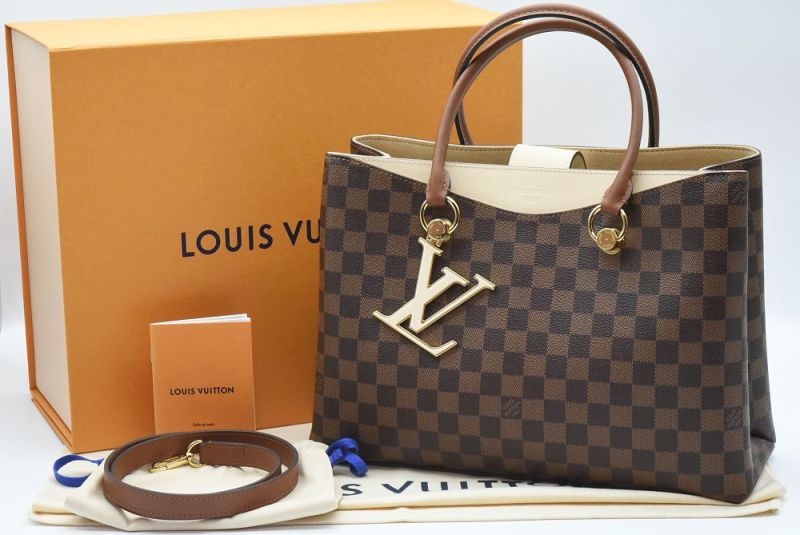 Louis Vuitton Damier Ebene Riverside Brown Canvas Wheat Taurillon Women Tote Handbag N40135