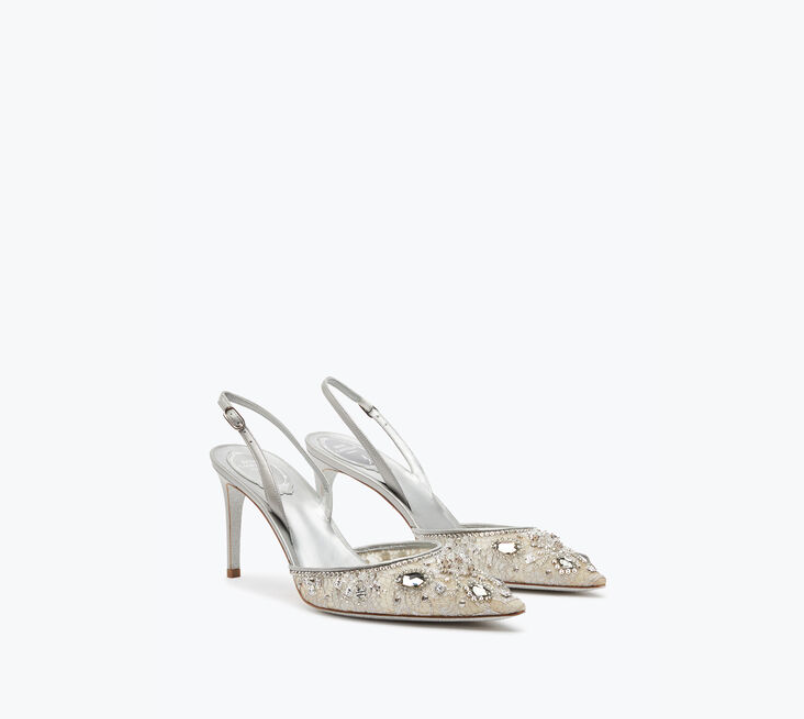 Rene Caovilla Aretha Classic 80 Mm Silver Lace Pointed Toe Pump Heels C11737-080-PI01V351