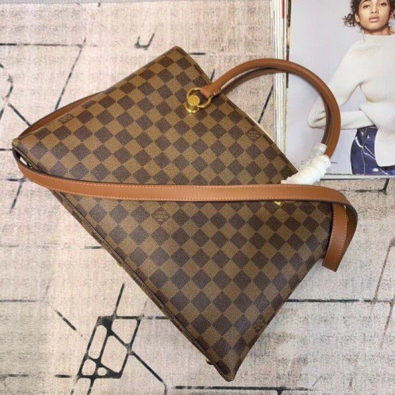 Louis Vuitton Damier Ebene Riverside Brown Canvas Wheat Taurillon Women Tote Handbag N40135