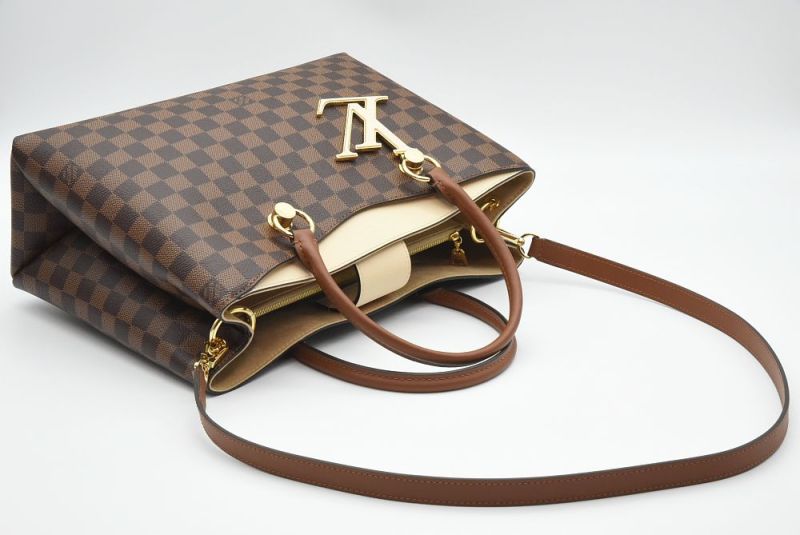 Louis Vuitton Damier Ebene Riverside Brown Canvas Wheat Taurillon Women Tote Handbag N40135