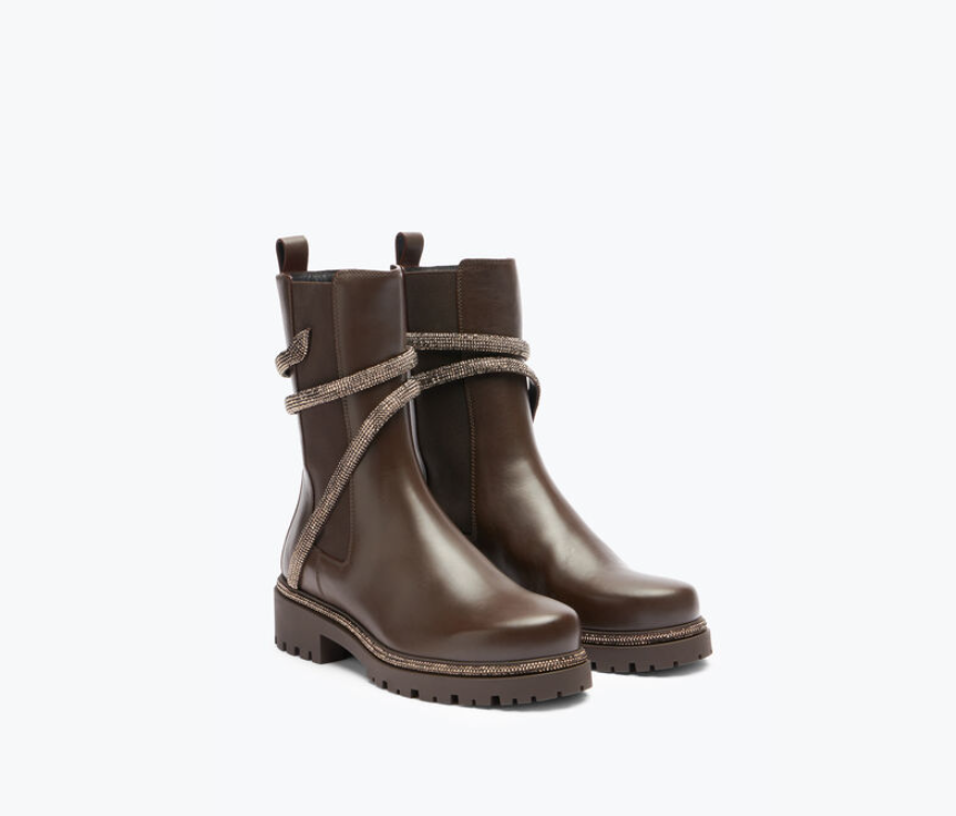 Rene Caovilla Cleo Rhinestones Brown Leather Booties C11059-025-0001V272