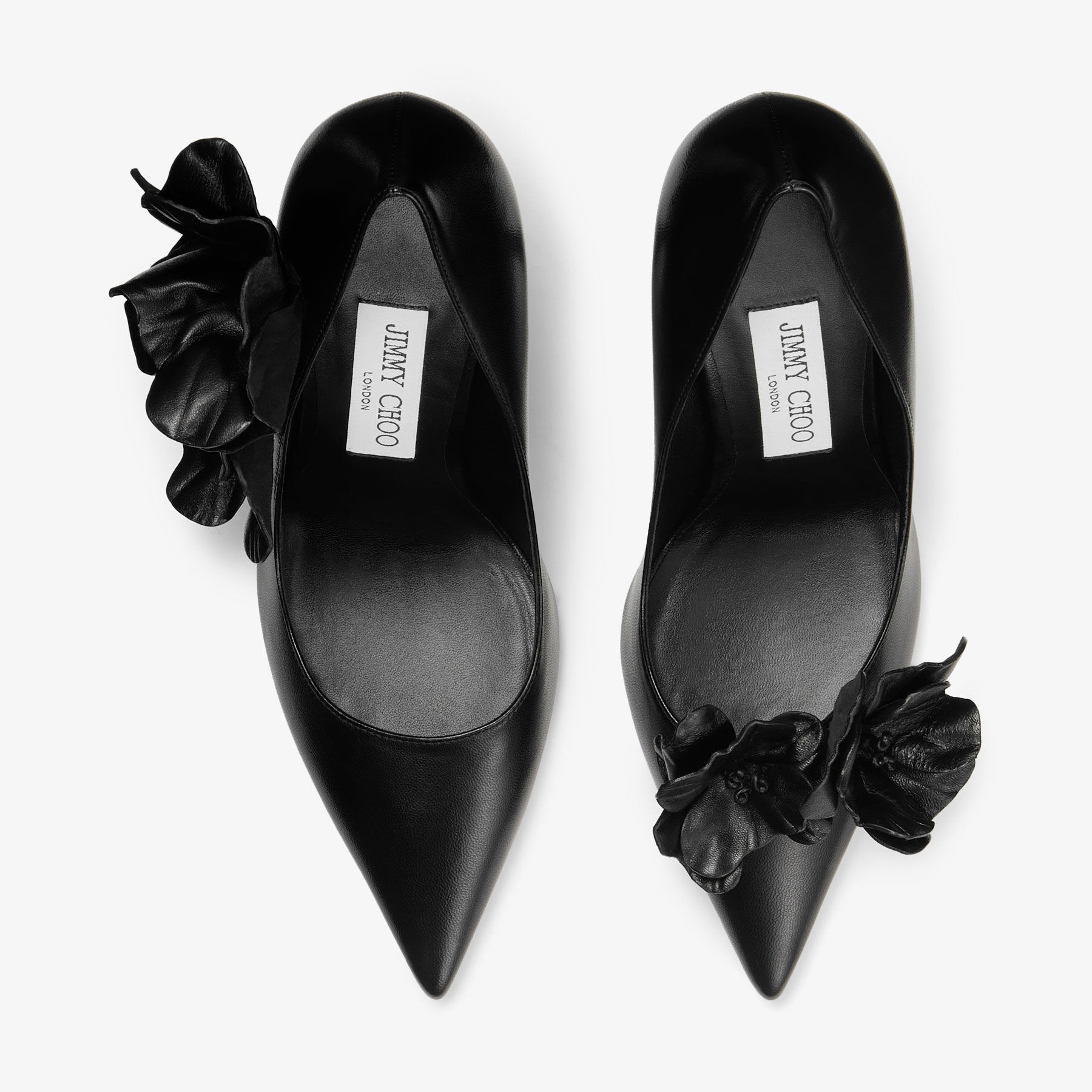 जिमी चू रेने फ्लावर्स 100 मिमी ब्लैक नप्पा लेदर पॉइंटेड टो पंप हील्स RENEFLOWERS100BGW