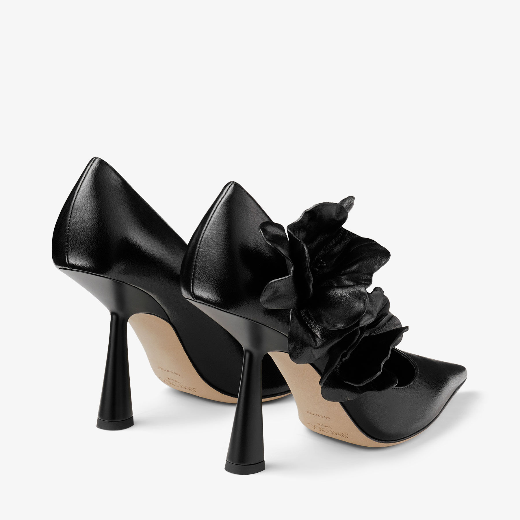 जिमी चू रेने फ्लावर्स 100 मिमी ब्लैक नप्पा लेदर पॉइंटेड टो पंप हील्स RENEFLOWERS100BGW