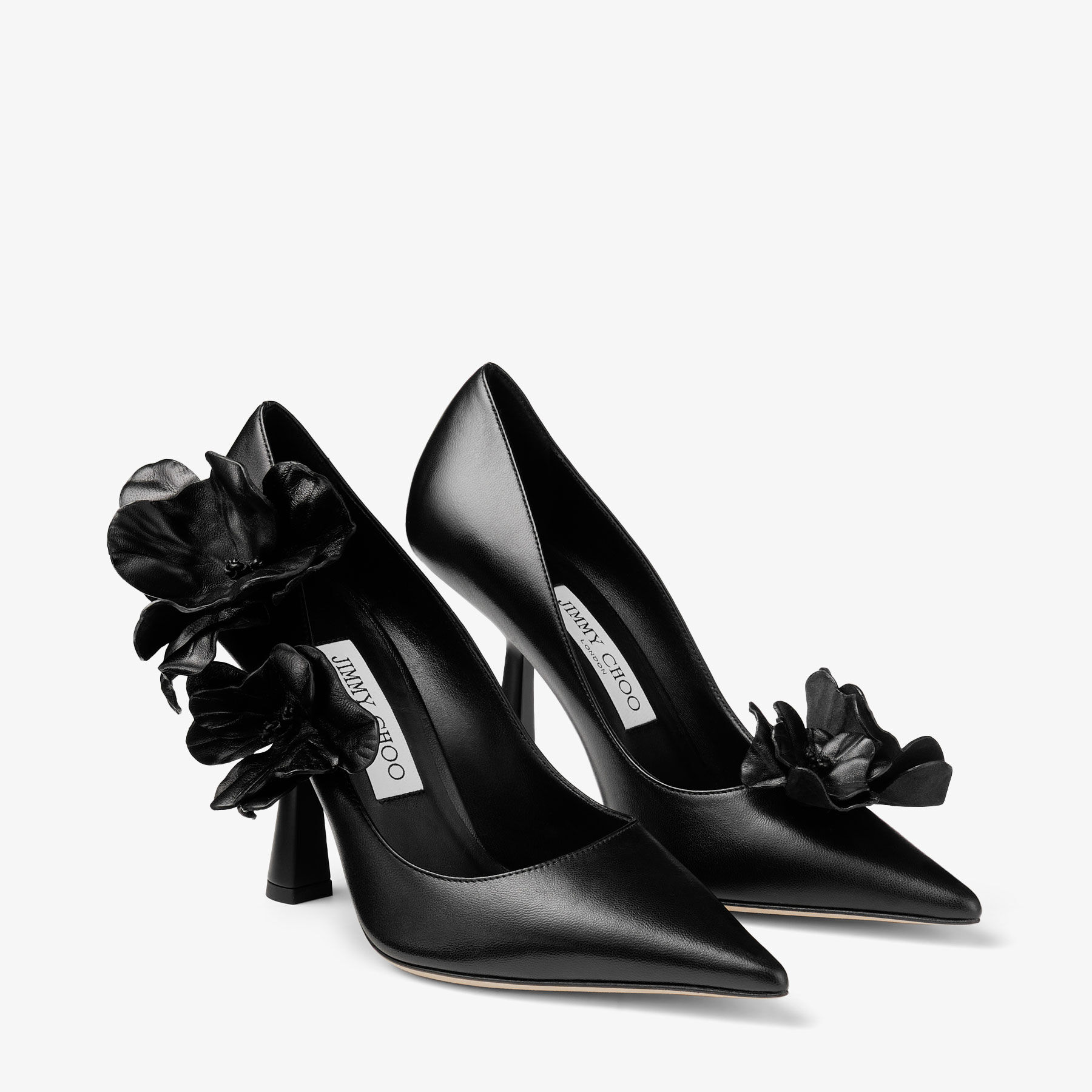 जिमी चू रेने फ्लावर्स 100 मिमी ब्लैक नप्पा लेदर पॉइंटेड टो पंप हील्स RENEFLOWERS100BGW