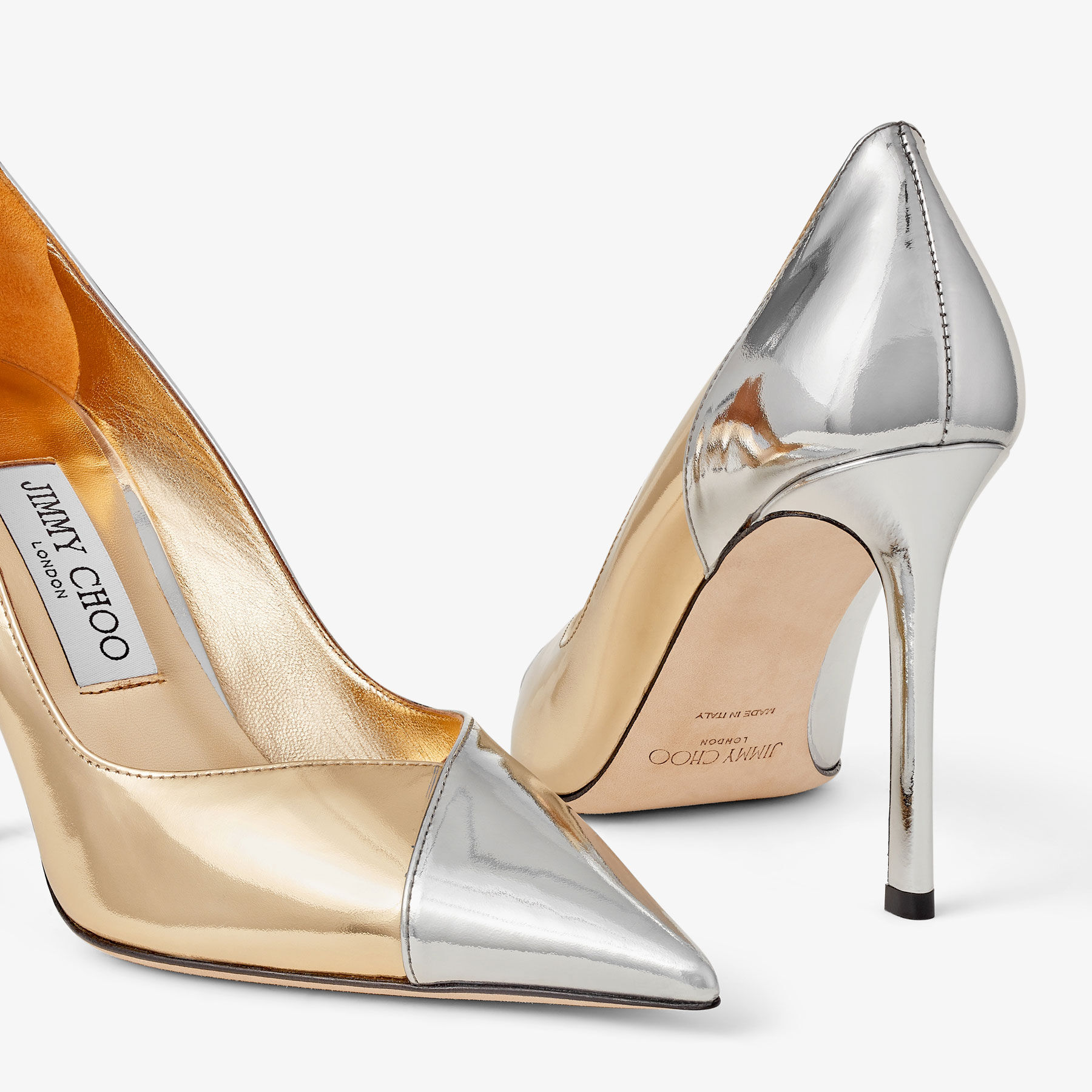 Jimmy Choo Cass Классические туфли-лодочки из кожи с острым носком, цвета золота и серебра 95 мм, из жидкого металла CASS95QXA