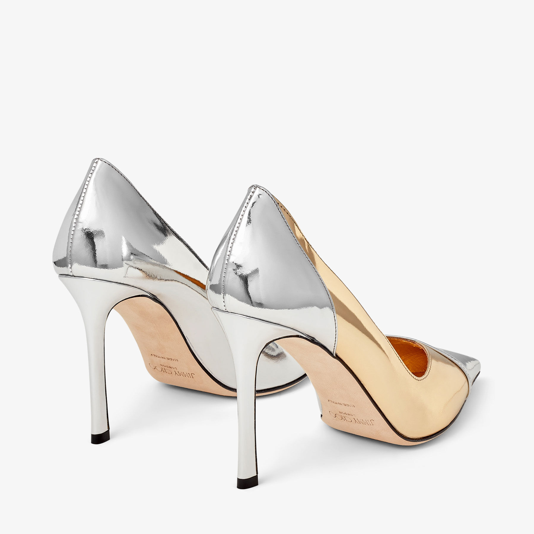 Jimmy Choo Cass Классические туфли-лодочки из кожи с острым носком, цвета золота и серебра 95 мм, из жидкого металла CASS95QXA